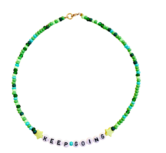 green beaded handmade necklace keep going