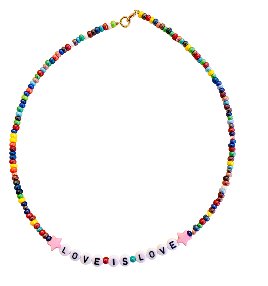 rainbow beaded necklace with love is love